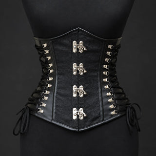 Front product view of black steel boned underbust corset with floral brocade centre and symmetrical side lacing