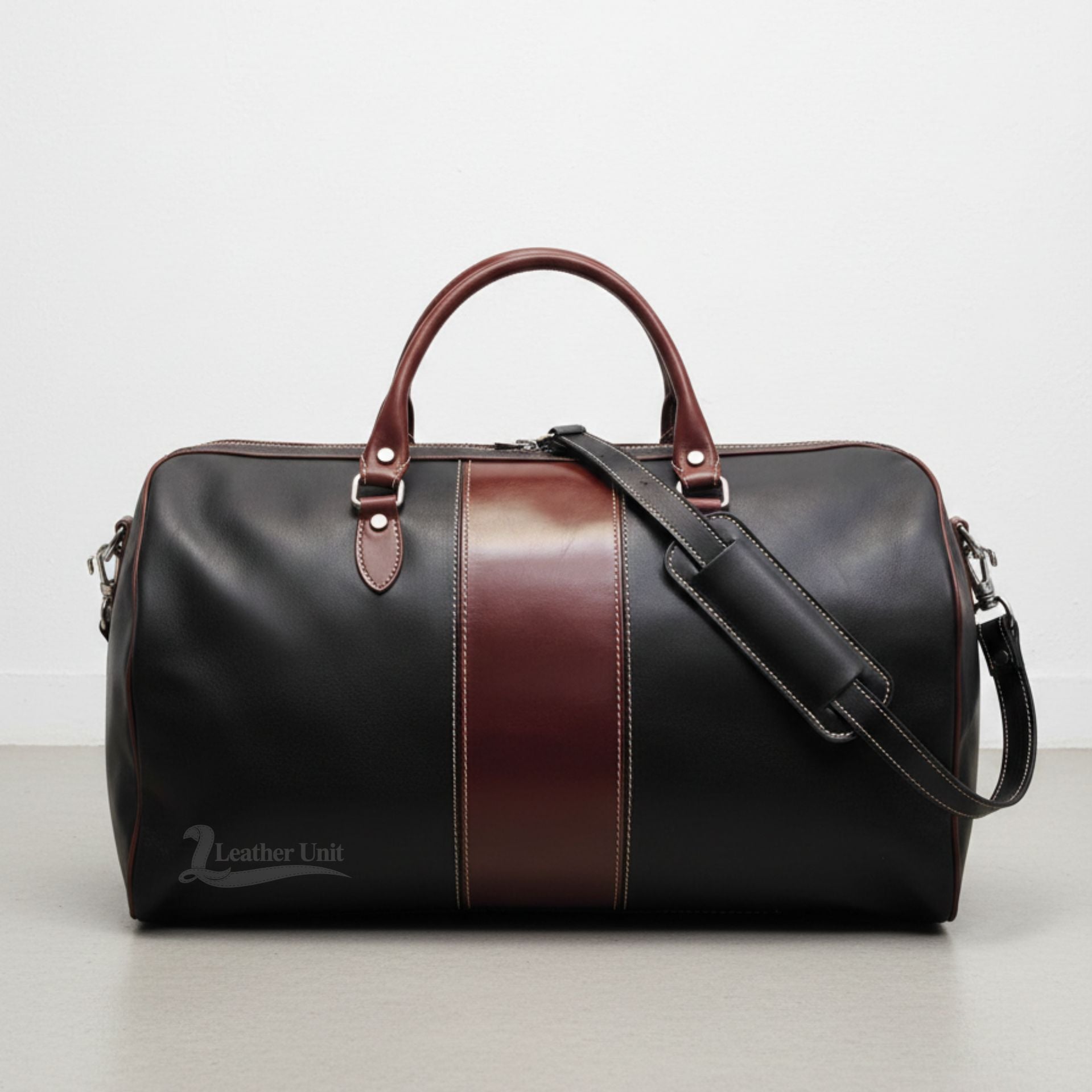 front view black and brown genuine leather duffle bag by Leather Unit.