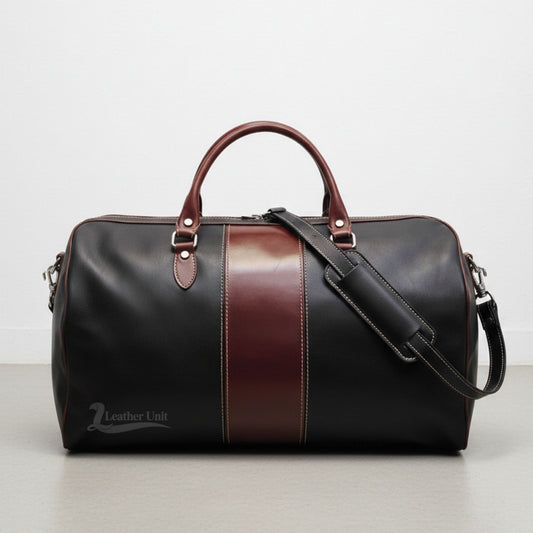 front view black and brown genuine leather duffle bag by Leather Unit.