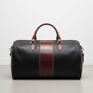 black leather duffle bag with brown center stripe and double handles.