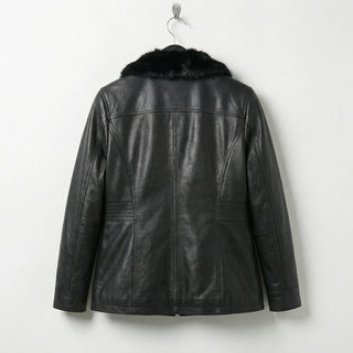 Back view of womens black leather jacket with fur collar
