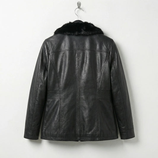 Back view of womens black leather jacket with fur collar