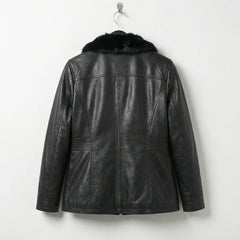 Back view of womens black leather jacket with fur collar