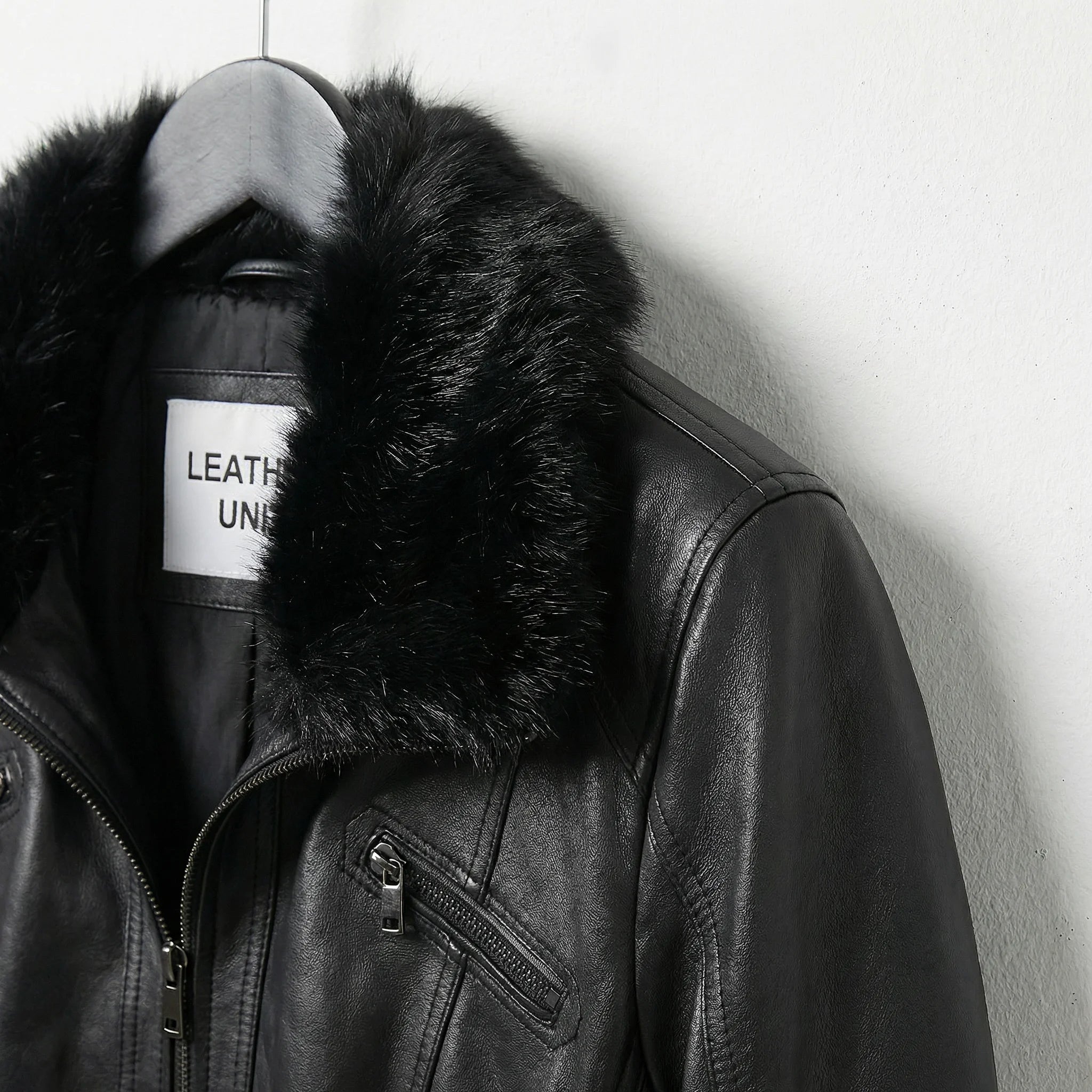 Plush black fur collar on womens black leather jacket