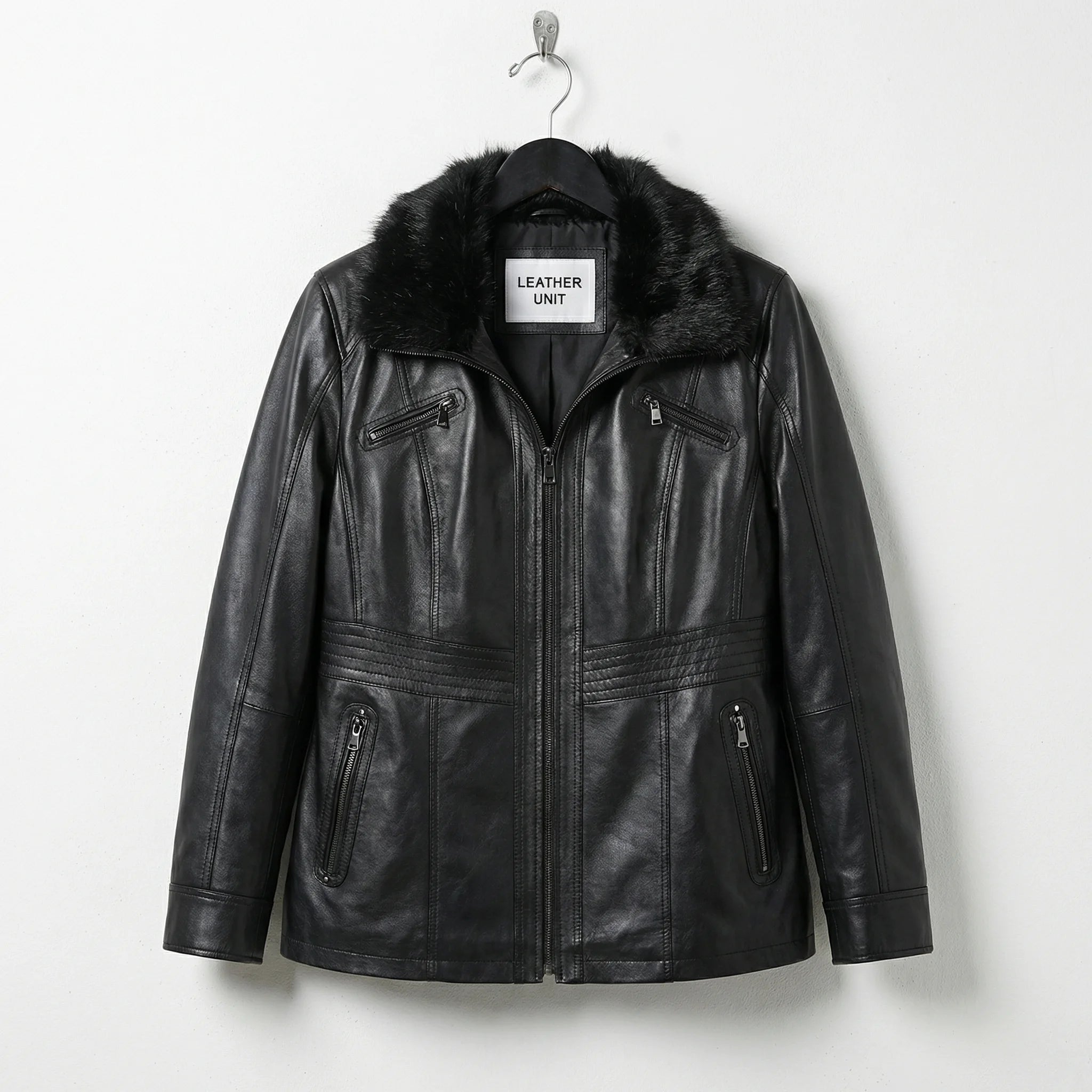 Front view of womens black fur collar leather jacket by Leather Unit