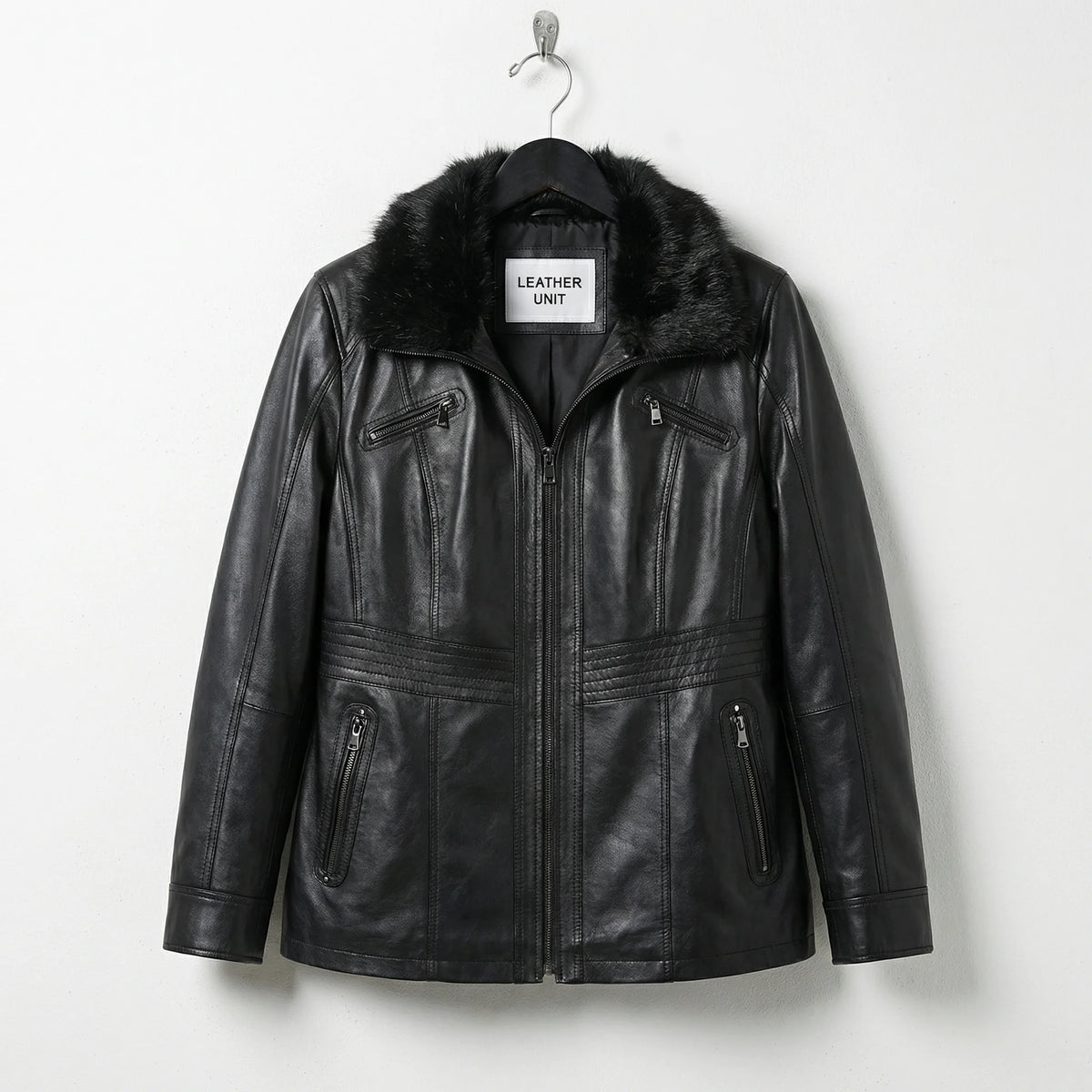 Front view of womens black fur collar leather jacket by Leather Unit