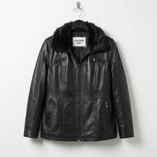 Front view of womens black fur collar leather jacket by Leather Unit