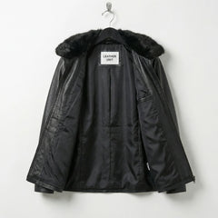 Interior lining of womens black leather jacket showing inner construction