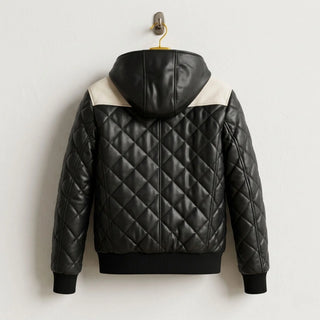 Back view of Black Hooded Leather Puffer Bomber Jacket with Diamond Quilting - Leather Unit