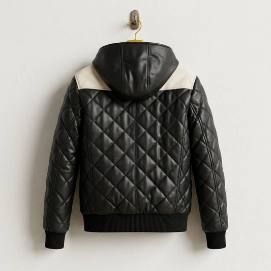 Back view of Black Hooded Leather Puffer Bomber Jacket with Diamond Quilting - Leather Unit