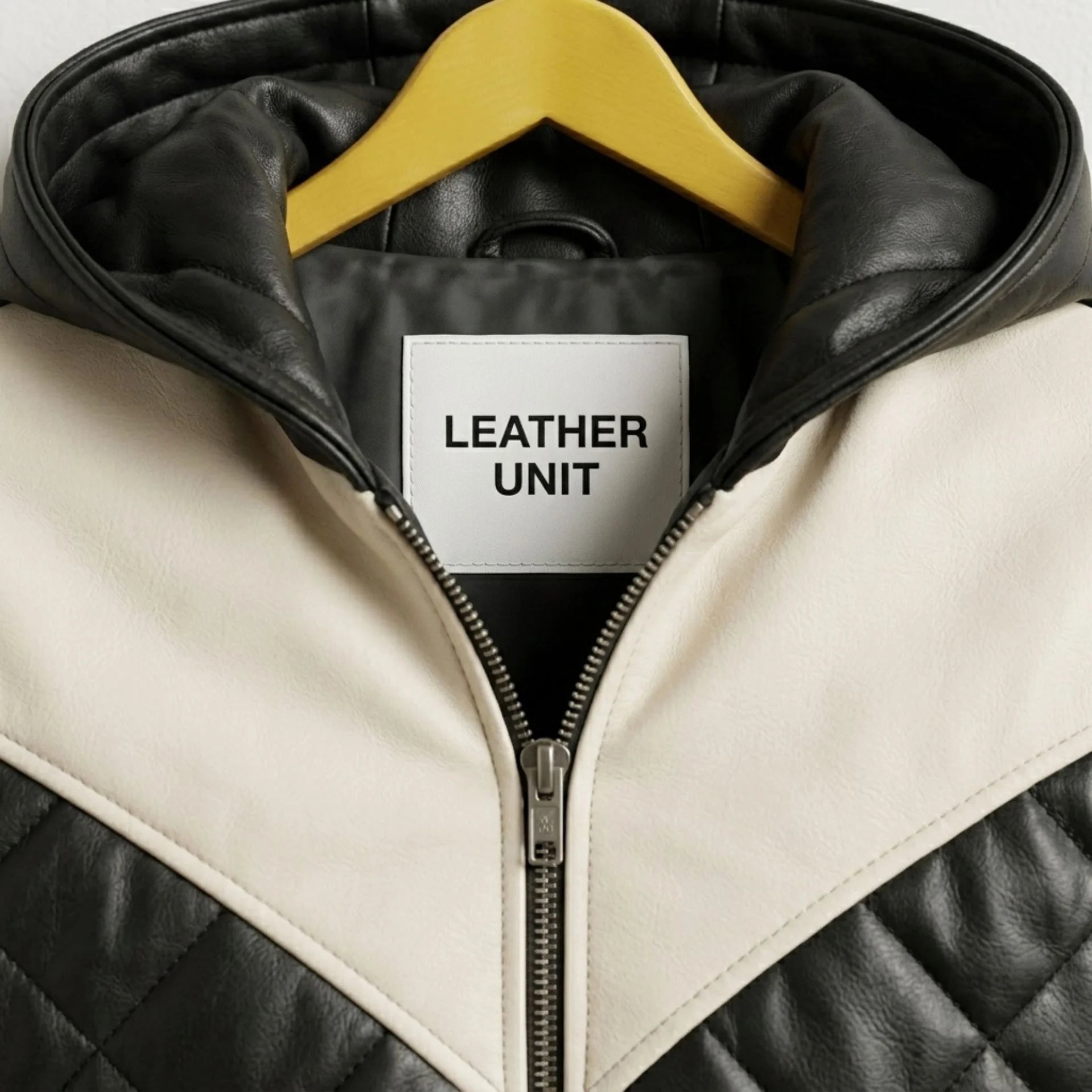 Close-up of attached hood and contrast panels on black leather puffer bomber jacket