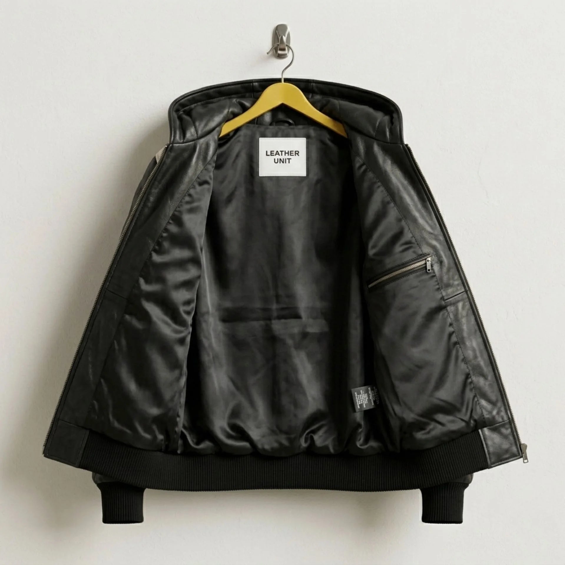 Interior view of Black Leather Puffer Bomber Jacket with premium lining and Leather Unit tag