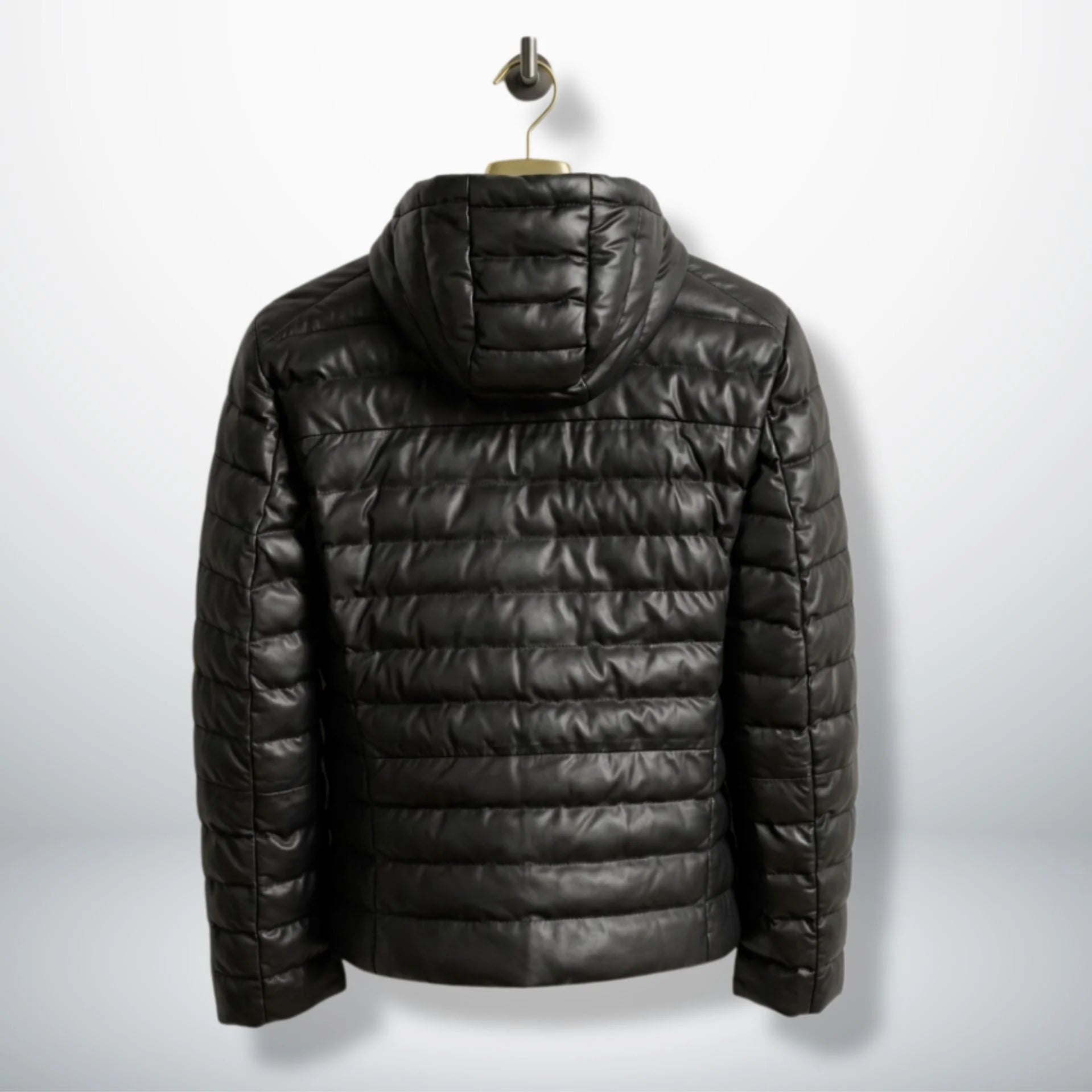 Black Hooded Puffer Leather Jacket back view showing quilted design - Leather Unit