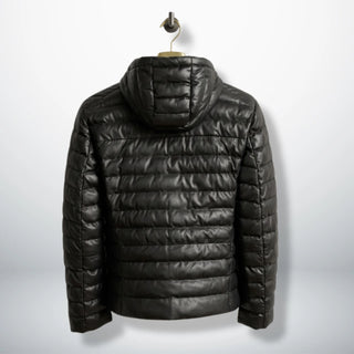 Black Hooded Puffer Leather Jacket back view showing quilted design - Leather Unit