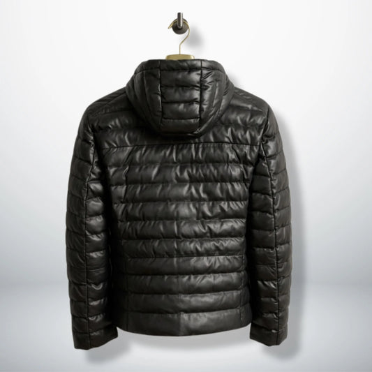 Black Hooded Puffer Leather Jacket back view showing quilted design - Leather Unit
