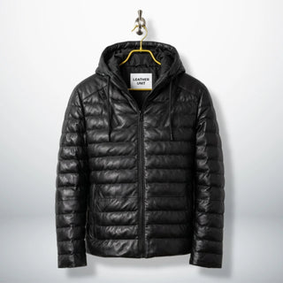 Men's Black Hooded Puffer Leather Jacket front view - Genuine Sheepskin by Leather Unit