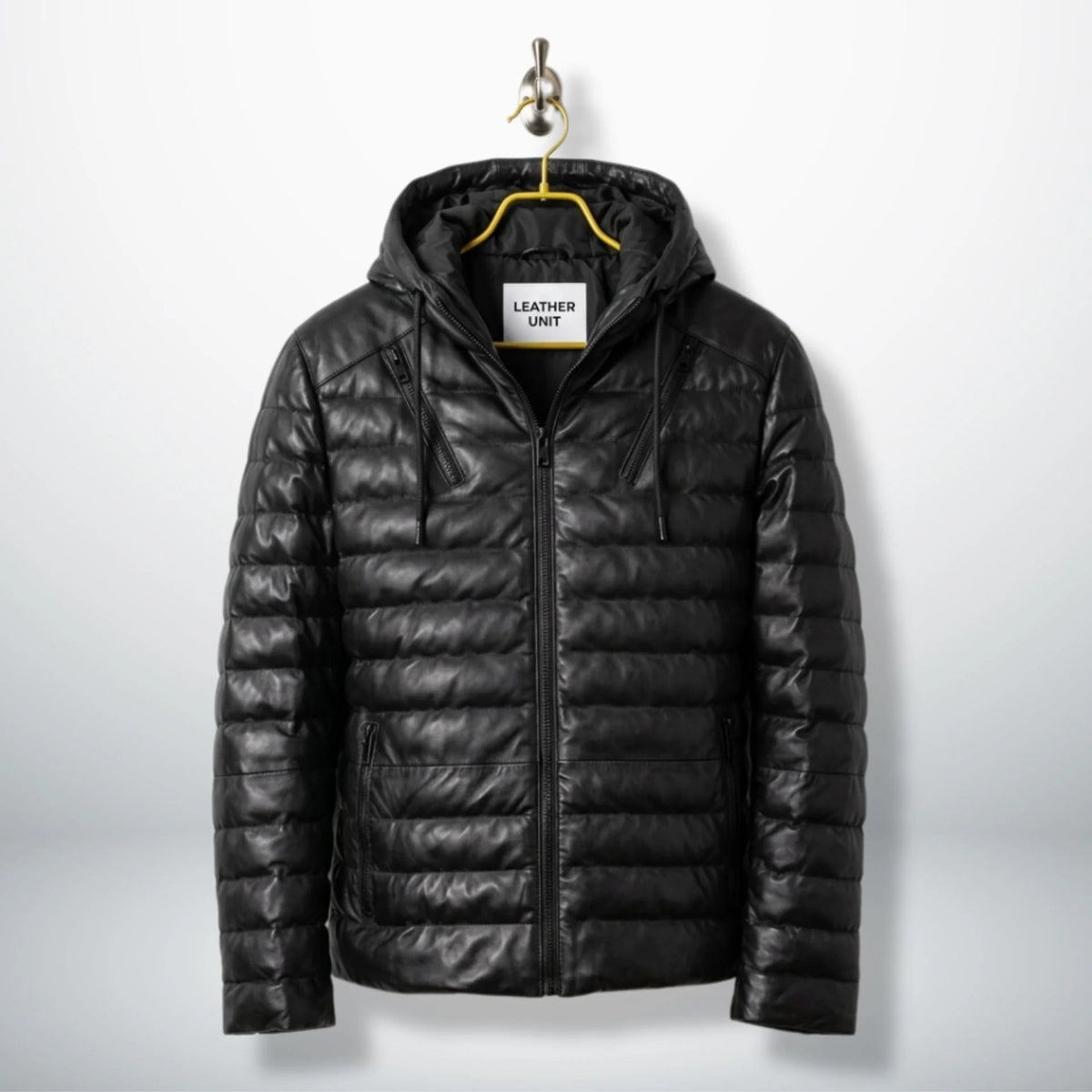 Men's Black Hooded Puffer Leather Jacket front view - Genuine Sheepskin by Leather Unit