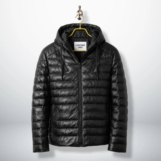 Men's Black Hooded Puffer Leather Jacket front view - Genuine Sheepskin by Leather Unit