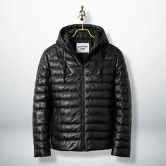 Men's Black Hooded Puffer Leather Jacket front view - Genuine Sheepskin by Leather Unit