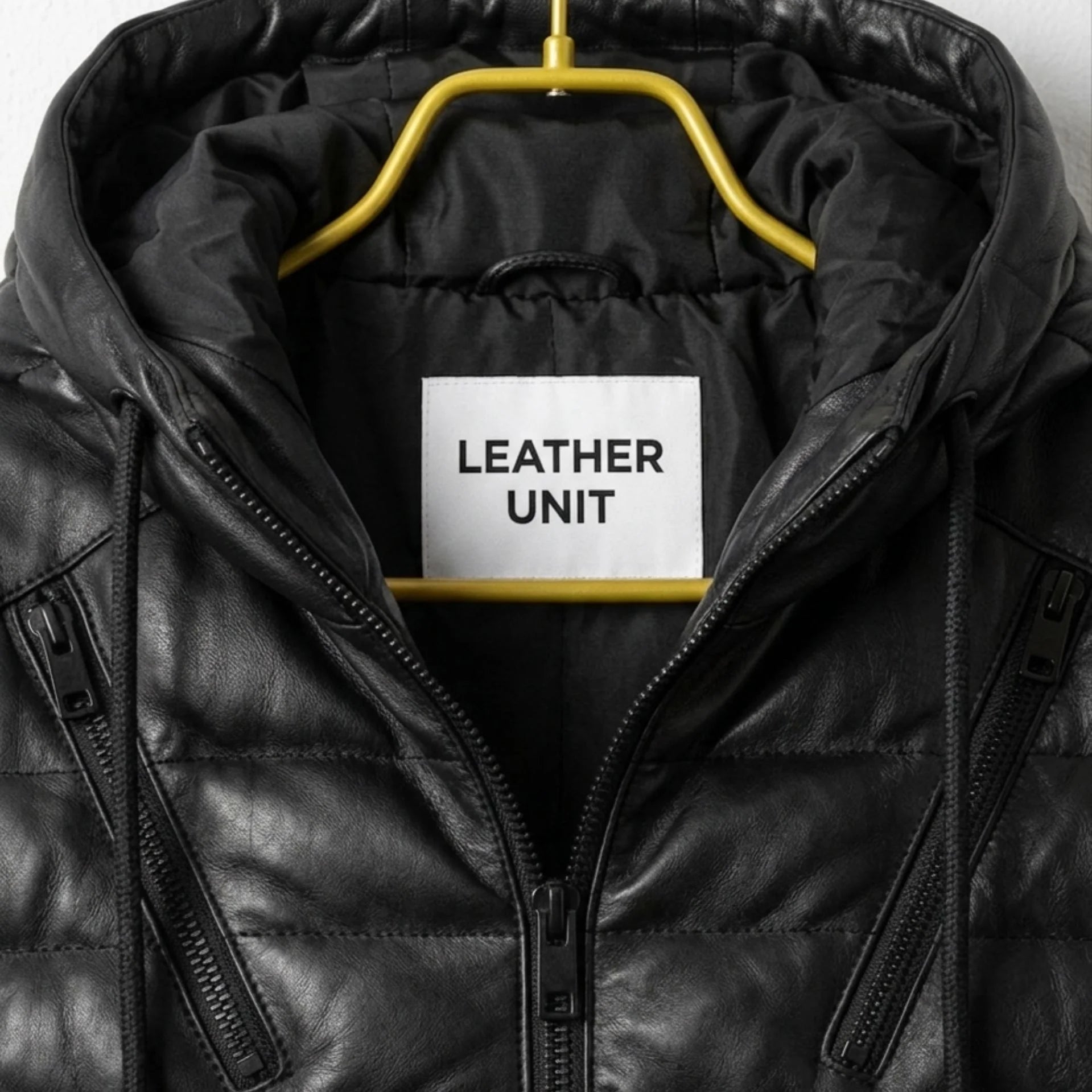 Close-up of hood and Leather Unit tag on black puffer leather jacket