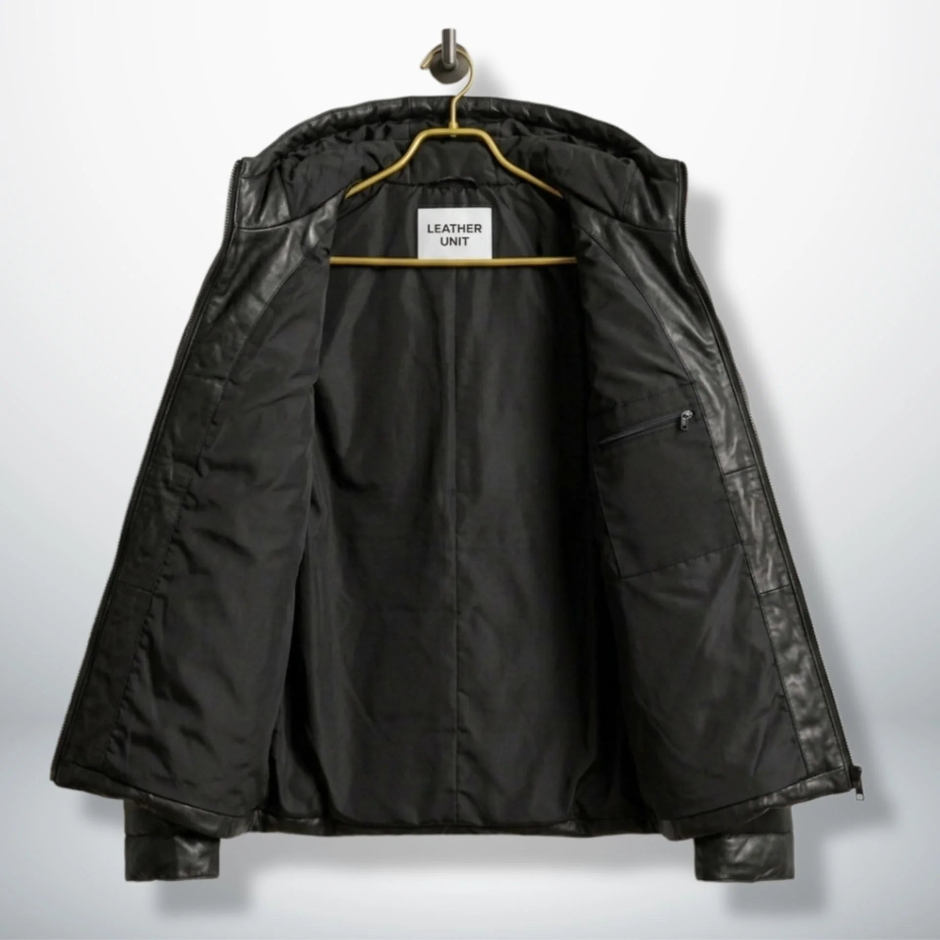 Interior of Black Hooded Puffer Leather Jacket with Leather Unit branding
