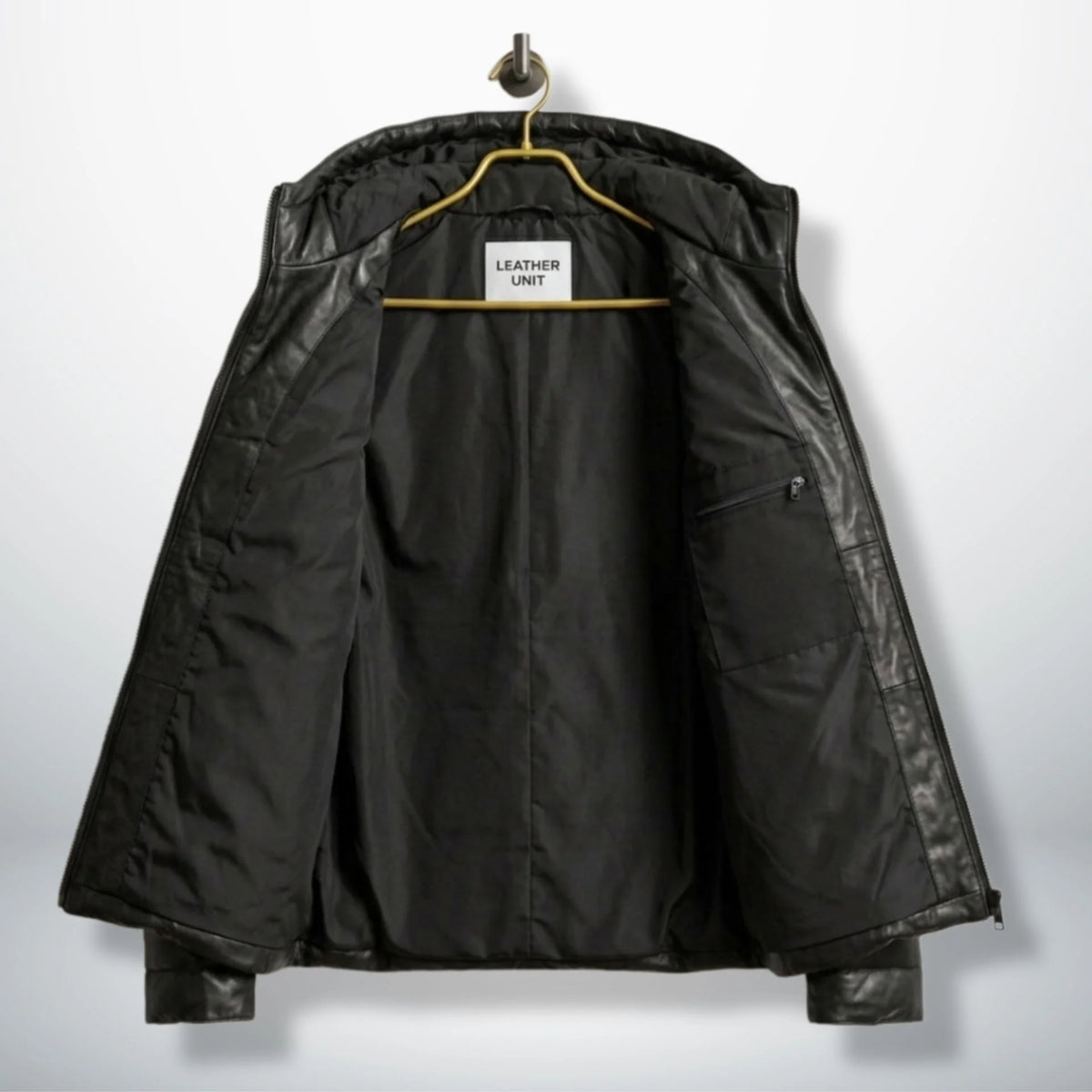 Interior of Black Hooded Puffer Leather Jacket with Leather Unit branding