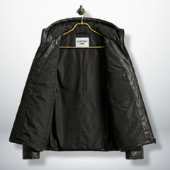 Interior of Black Hooded Puffer Leather Jacket with Leather Unit branding