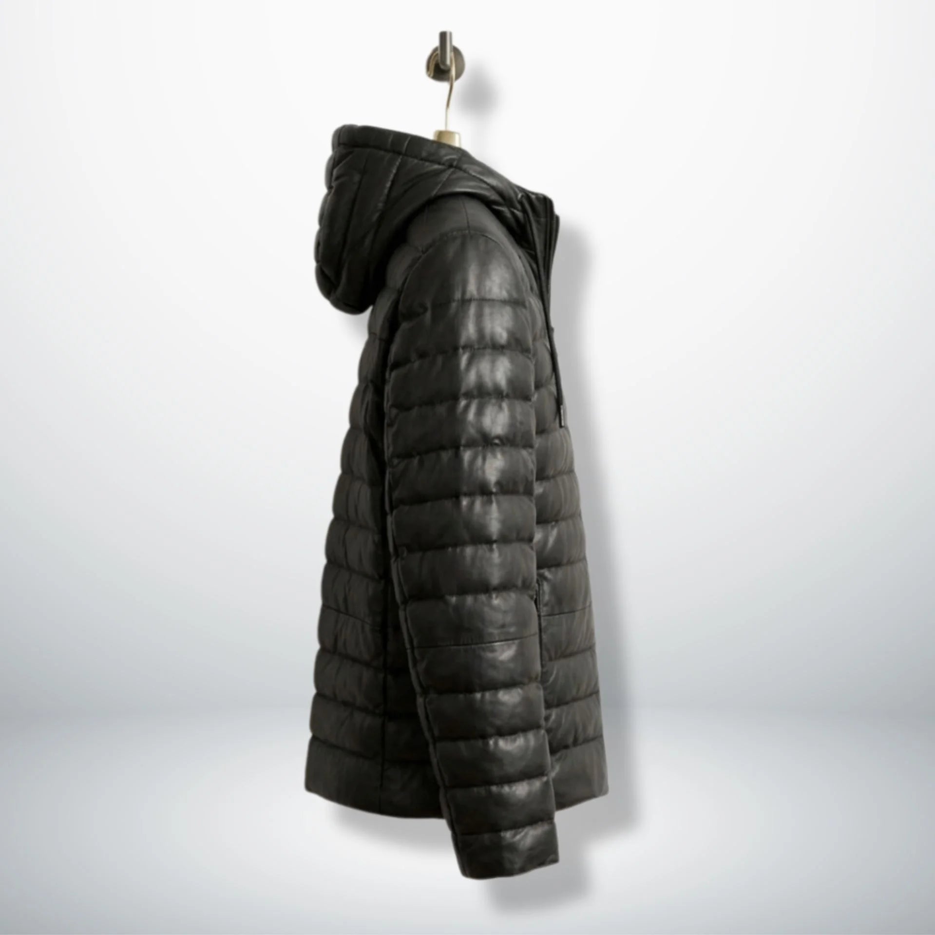Side profile of Men's Black Sheepskin Hooded Puffer Jacket