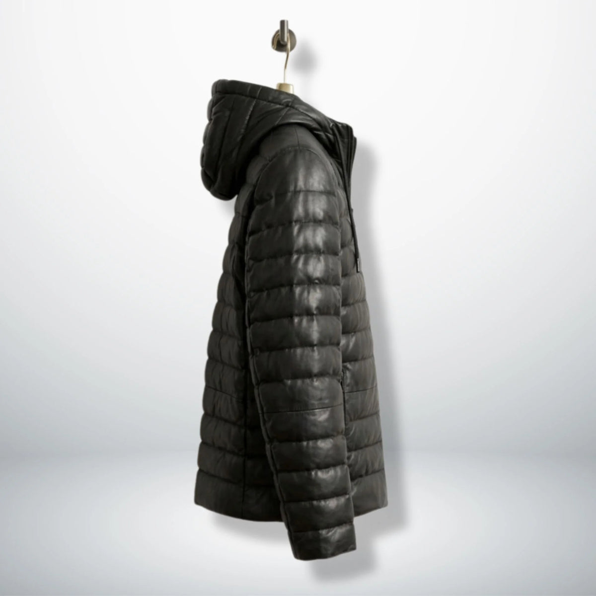 Side profile of Men's Black Sheepskin Hooded Puffer Jacket