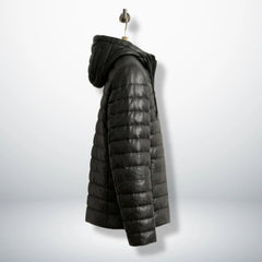 Side profile of Men's Black Sheepskin Hooded Puffer Jacket