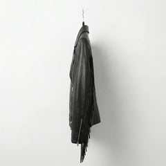 Side view of womens black fringe biker leather jacket showing flowing fringe