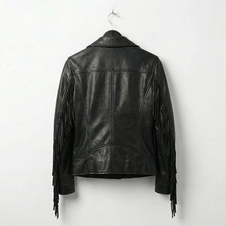 Back view of womens black leather jacket with fringe on sleeves