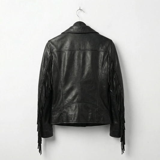 Back view of womens black leather jacket with fringe on sleeves