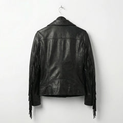 Back view of womens black leather jacket with fringe on sleeves