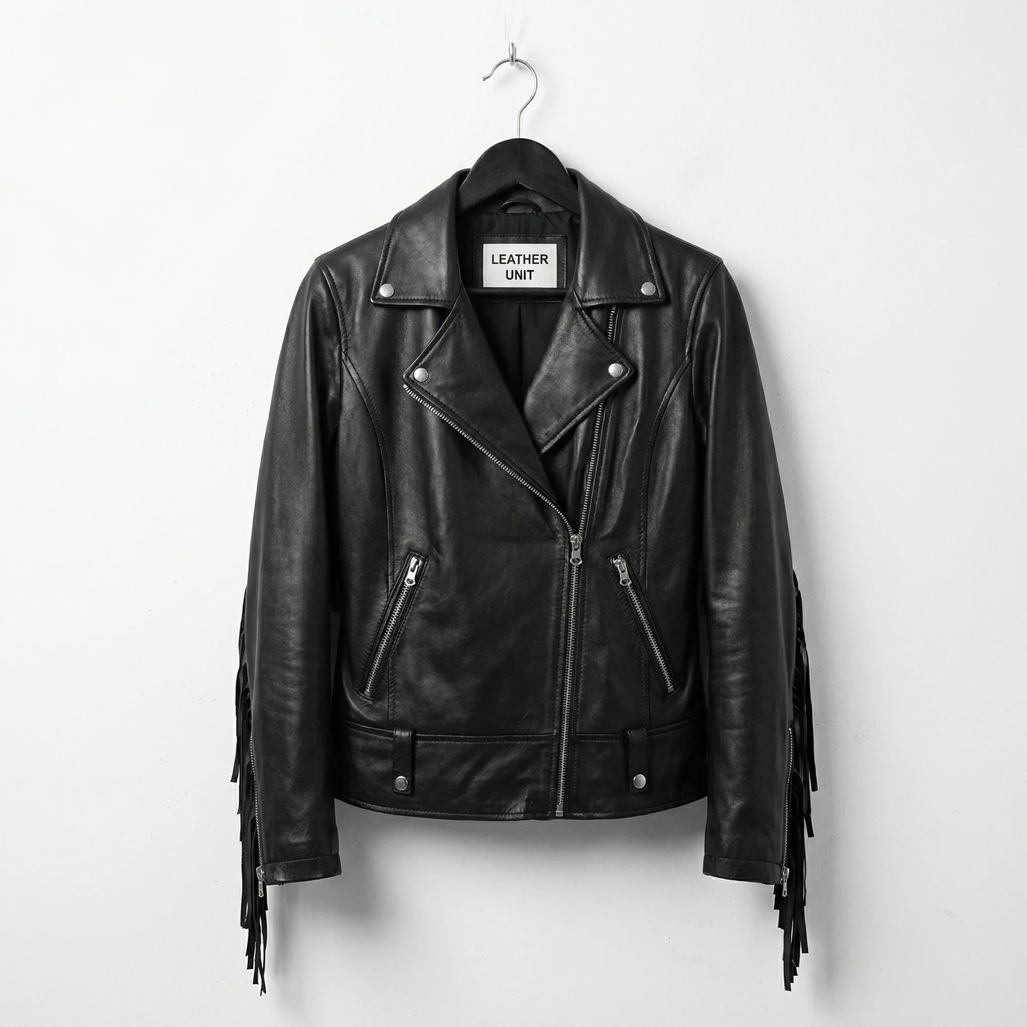Front view of womens black leather fringe biker jacket by Leather Unit