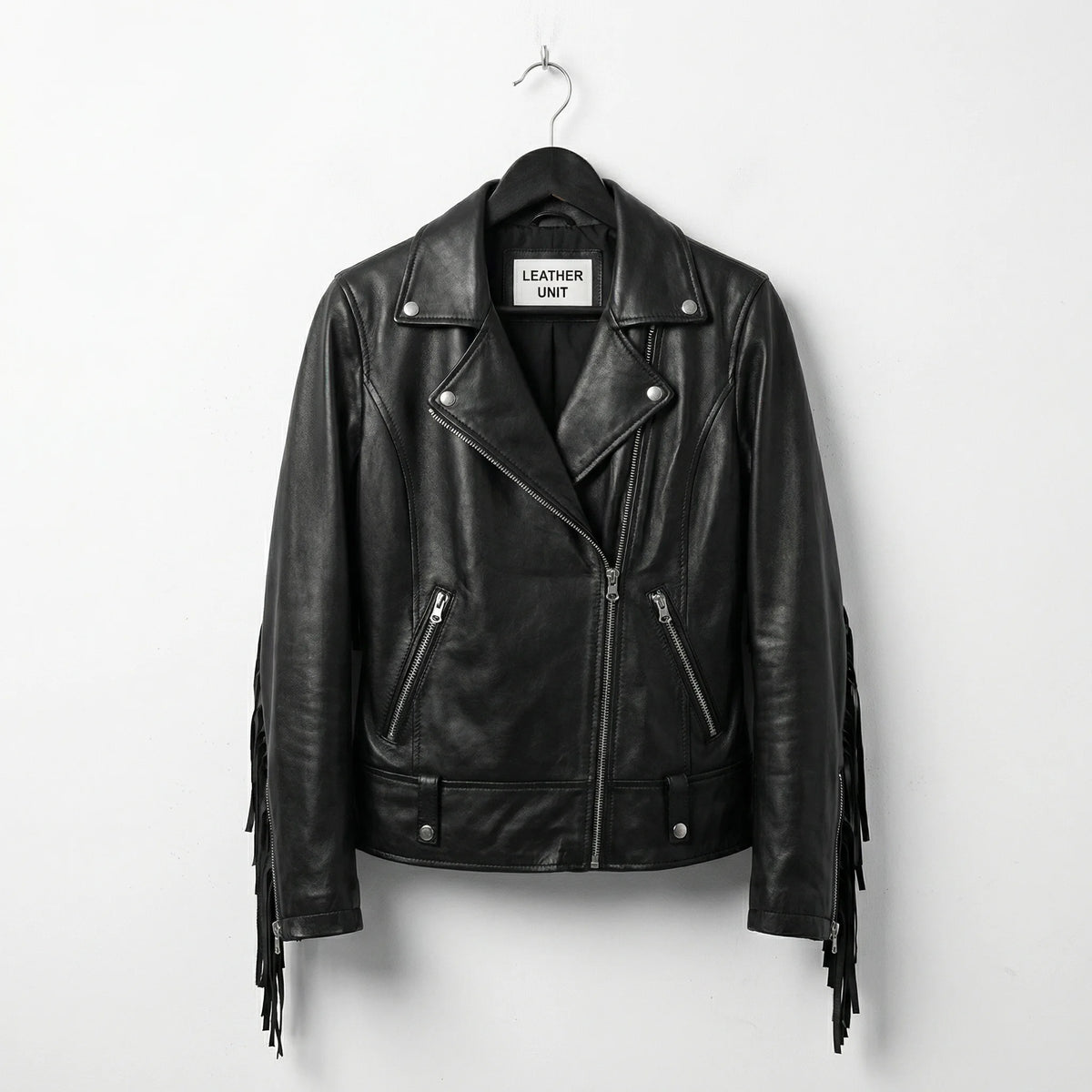 Front view of womens black leather fringe biker jacket by Leather Unit