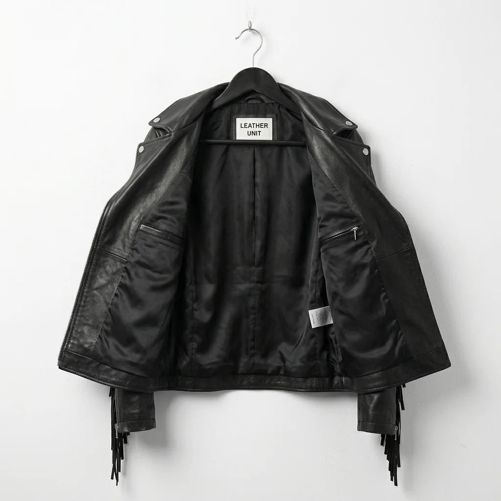Interior lining of black leather fringe jacket showing inner pockets