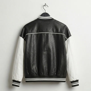 Back view of womens black and white leather varsity jacket