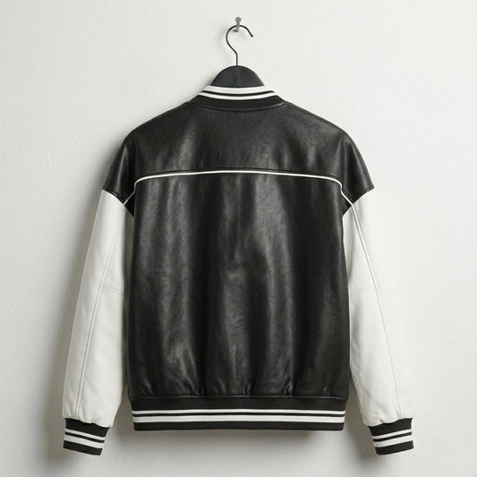 Back view of womens black and white leather varsity jacket