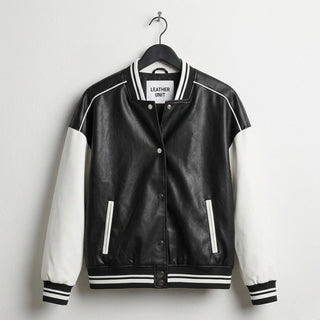 Front view of black and white varsity bomber leather jacket by Leather Unit