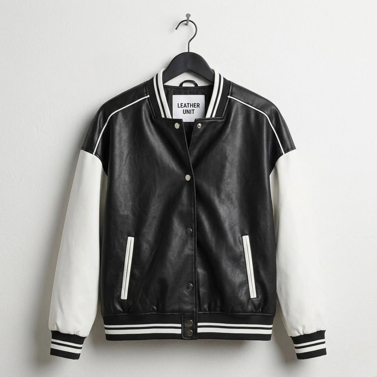 Front view of black and white varsity bomber leather jacket by Leather Unit