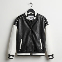 Front view of black and white varsity bomber leather jacket by Leather Unit