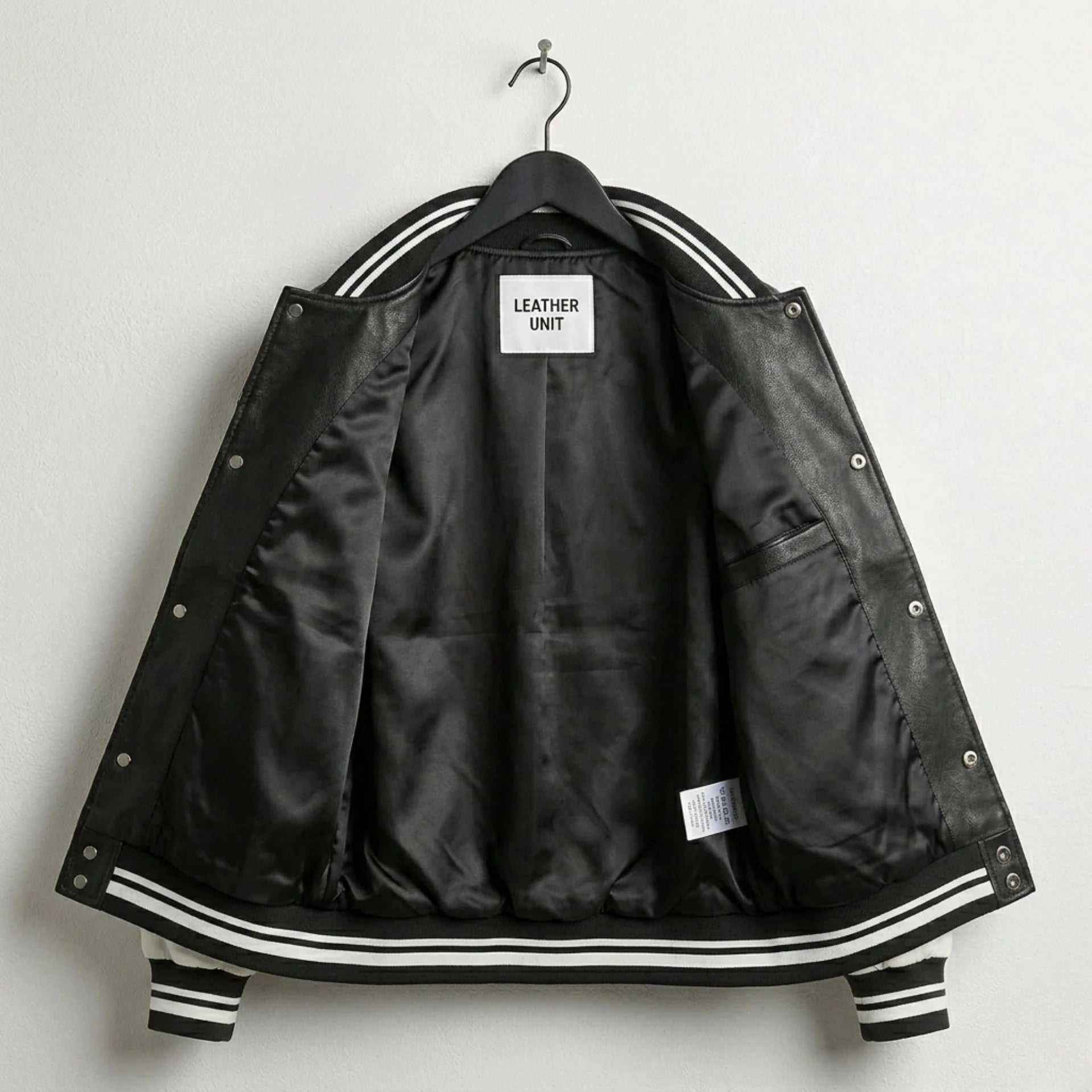 Interior lining of black and white varsity leather jacket showing inner pocket