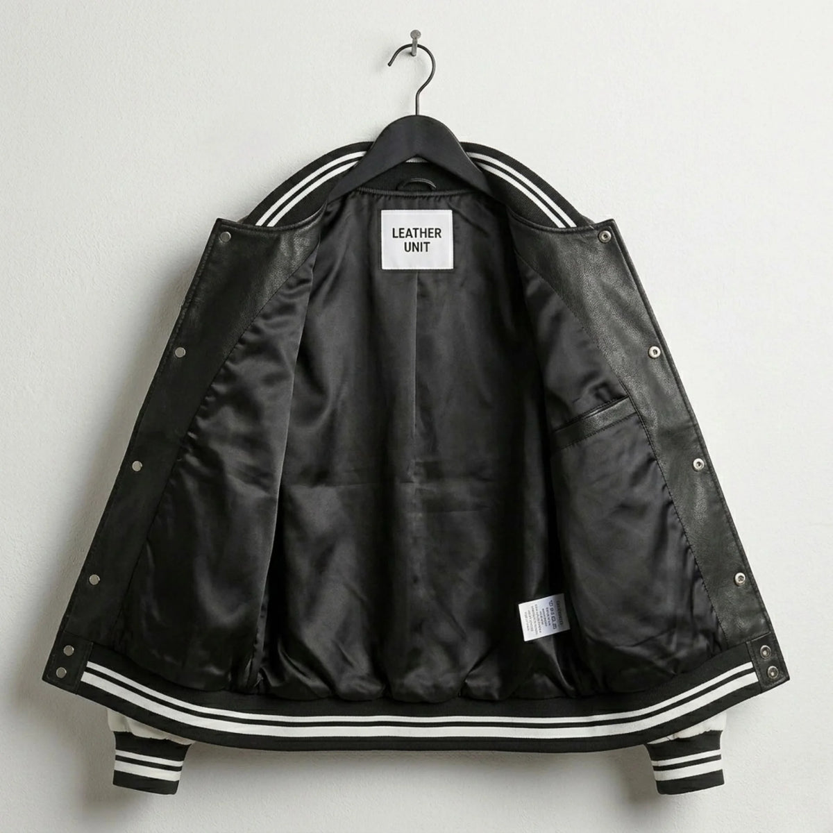 Interior lining of black and white varsity leather jacket showing inner pocket