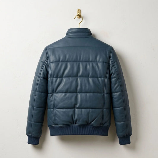 Blue Leather Puffer Bomber Jacket back view showing quilted design - Leather Unit