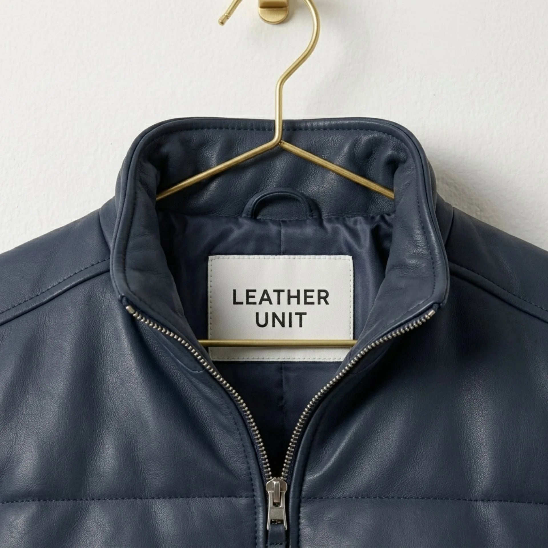 Close-up of collar and Leather Unit tag on blue leather puffer bomber jacket
