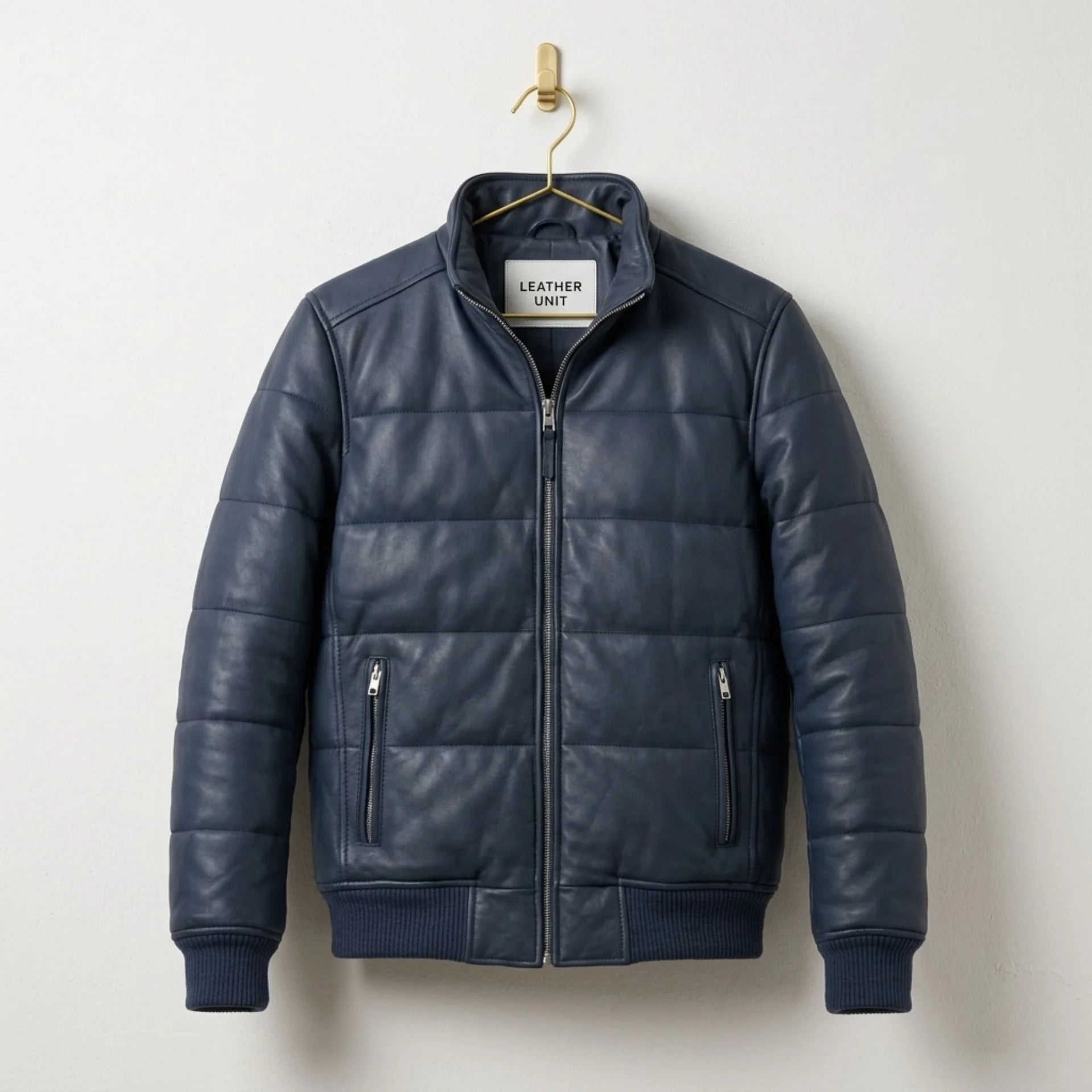 Men's Blue Leather Puffer Bomber Jacket front view - Genuine Sheepskin by Leather Unit