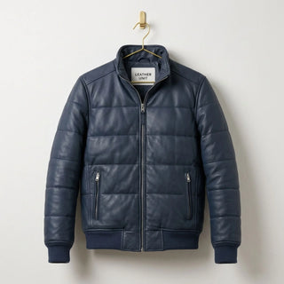 Men's Blue Leather Puffer Bomber Jacket front view - Genuine Sheepskin by Leather Unit