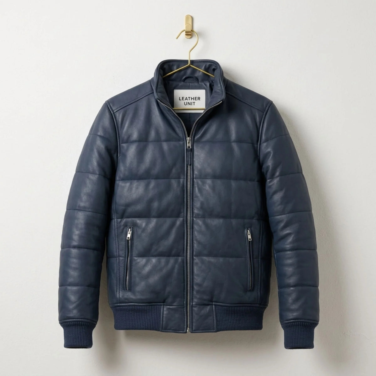 Men's Blue Leather Puffer Bomber Jacket front view - Genuine Sheepskin by Leather Unit