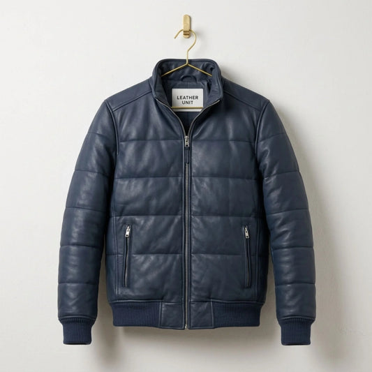 Men's Blue Leather Puffer Bomber Jacket front view - Genuine Sheepskin by Leather Unit